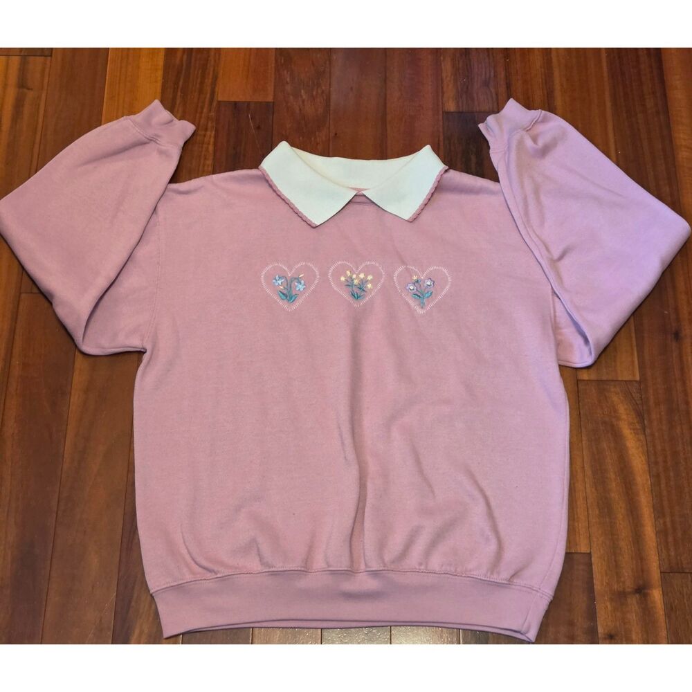 Vtg Pink Pullover Sweatshirt White Collar Embroidered Heart Graphics
